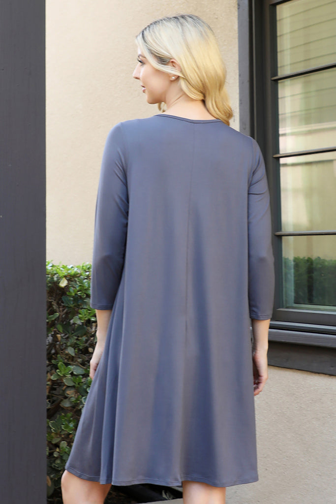 Solid Quarter Sleeve Round Neck Dress