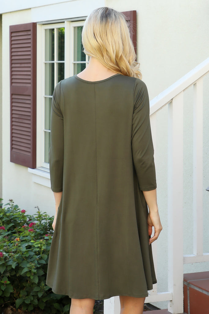 Solid Quarter Sleeve Round Neck Dress