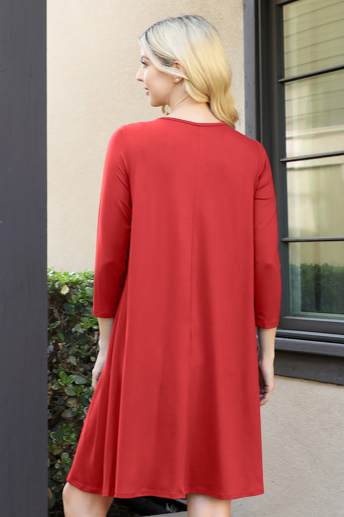 Solid Quarter Sleeve Round Neck Dress