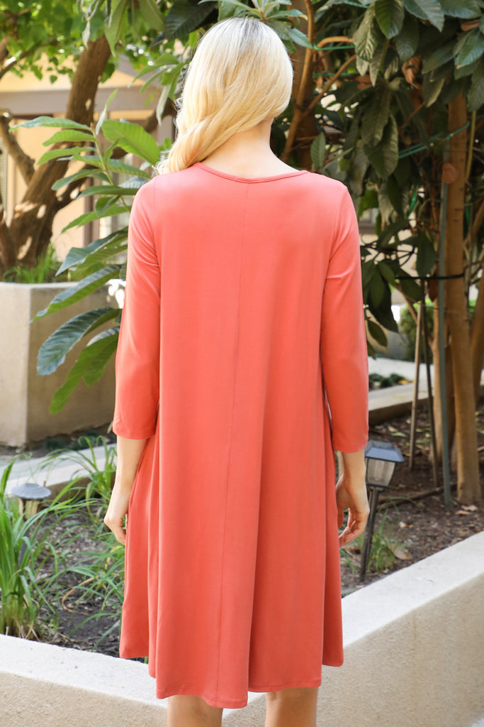 Solid Quarter Sleeve Round Neck Dress