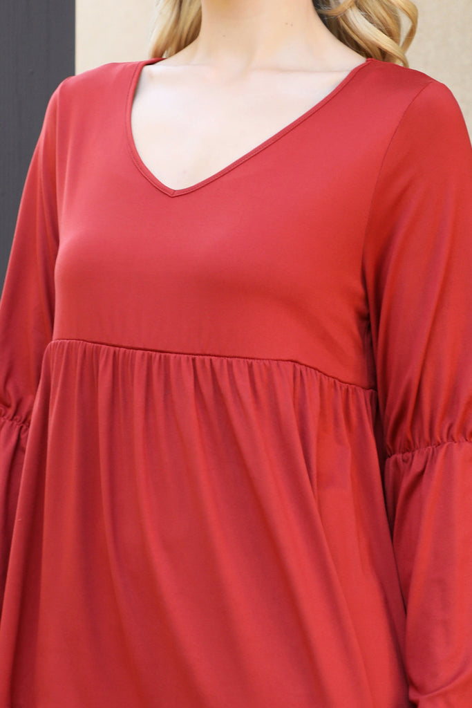 Solid V-Neck Elastic Detail Sleeve Tiered Dress