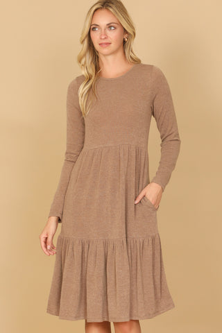 Solid Round Neckline Long Sleeve Dress