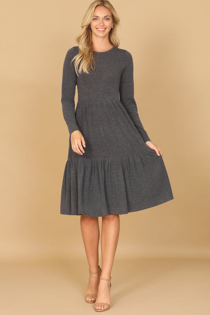 LONG SLEEVE ROUND NECK CHAMBRAY TIERED DRESS