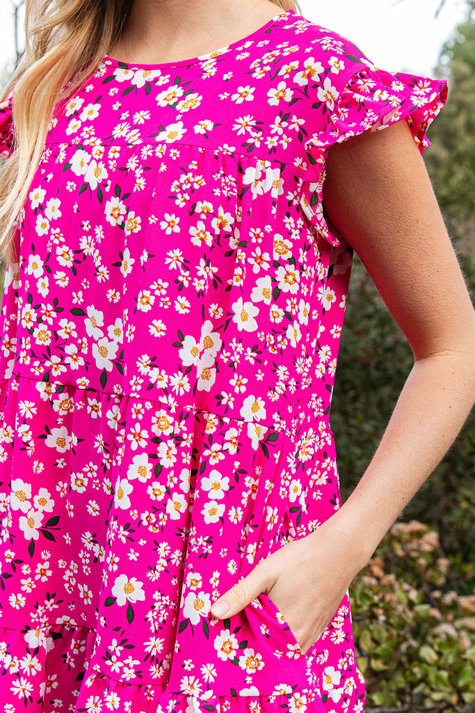 AIRFLOW FLORAL RUFFLE SLEEVE TIERED MINI DRESS