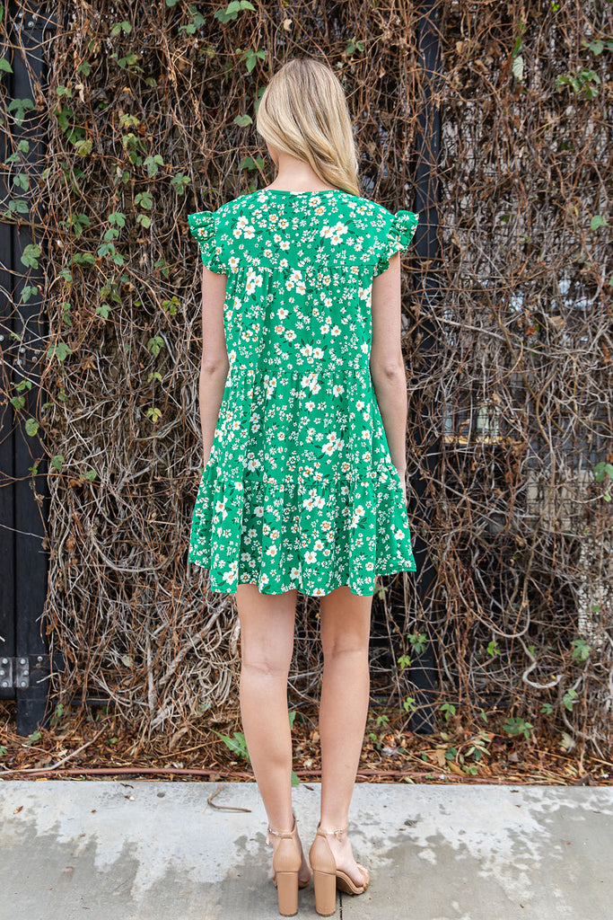 AIRFLOW FLORAL RUFFLE SLEEVE TIERED MINI DRESS