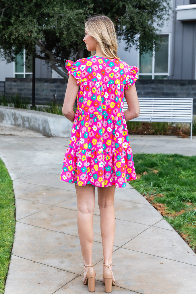 FLORAL RUFFLE SLEEVE TIERED DRESS
