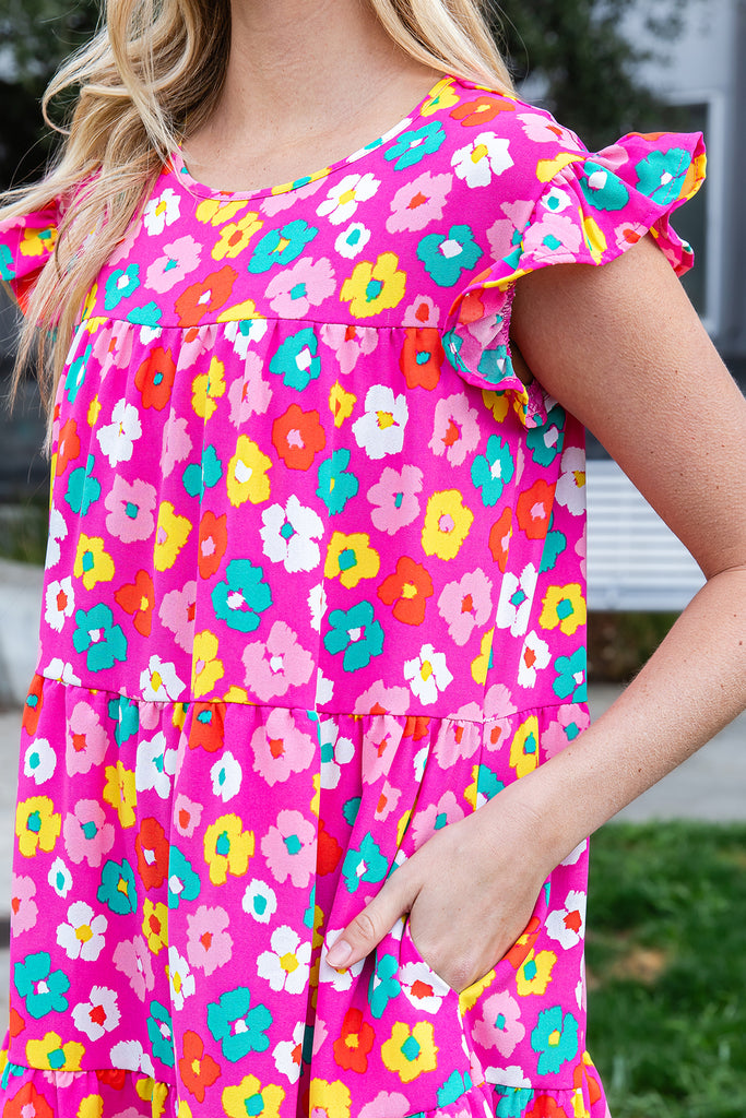 FLORAL RUFFLE SLEEVE TIERED DRESS