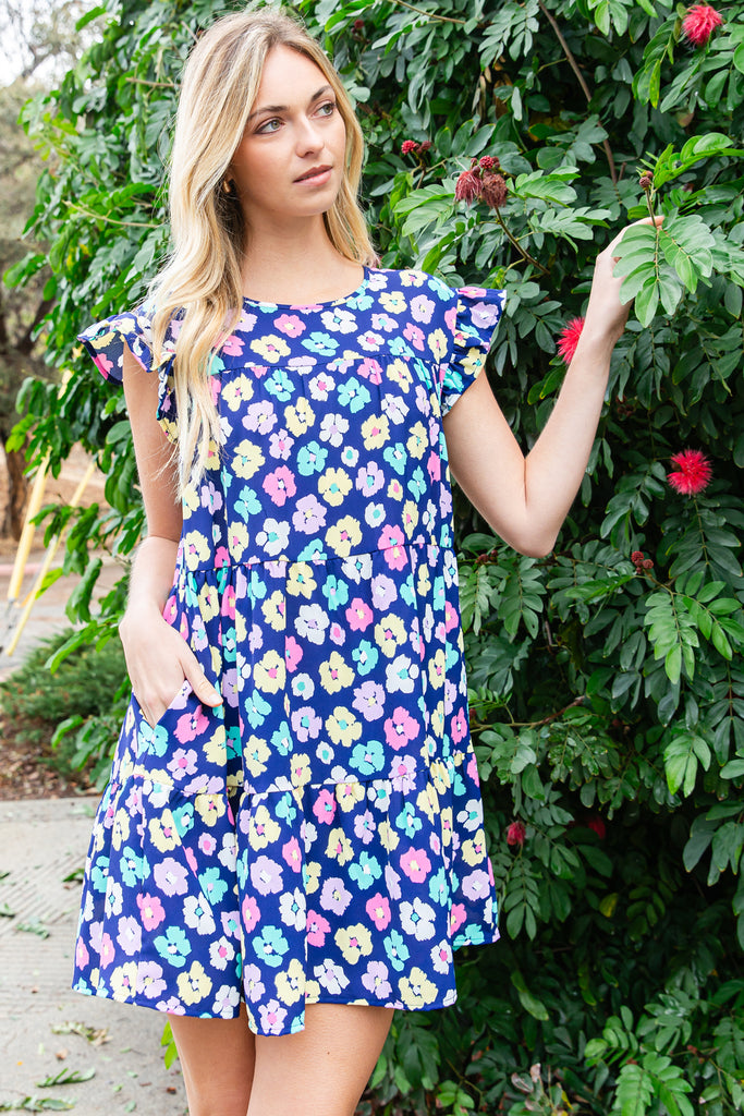 FLORAL RUFFLE SLEEVE TIERED DRESS