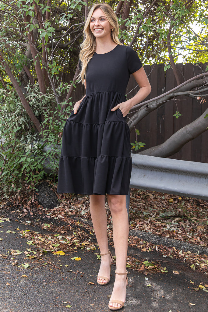 TECHNO CREPE SHORT SLEEVE SOLID TIERED DRESS