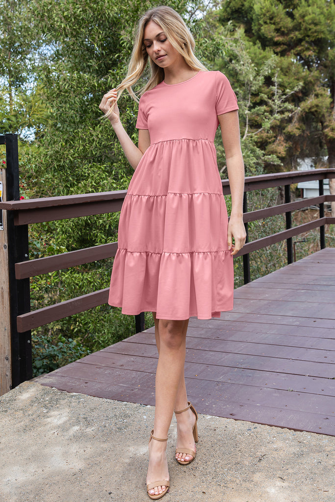 TECHNO CREPE SHORT SLEEVE SOLID TIERED DRESS