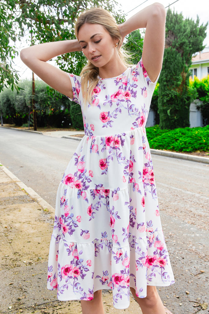 TECHNO CREPE FLORAL SHORT SLEEVE A-LINE TIERED DRESS