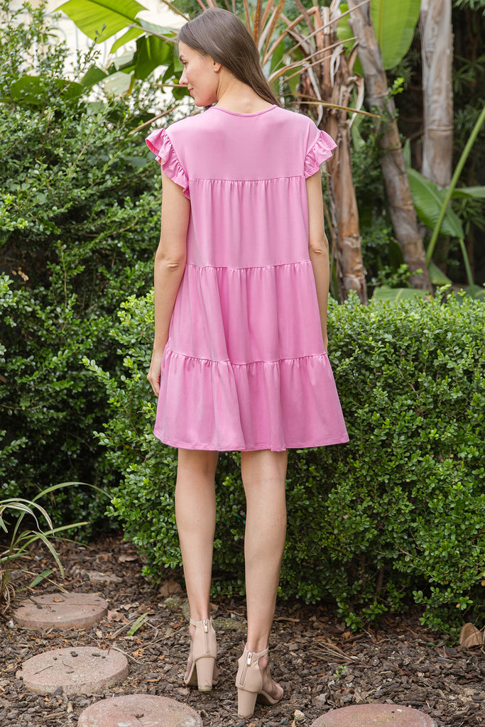 RUFFLE SLEEVE SIDE POCKET SOLID TIERED MINI DRESS
