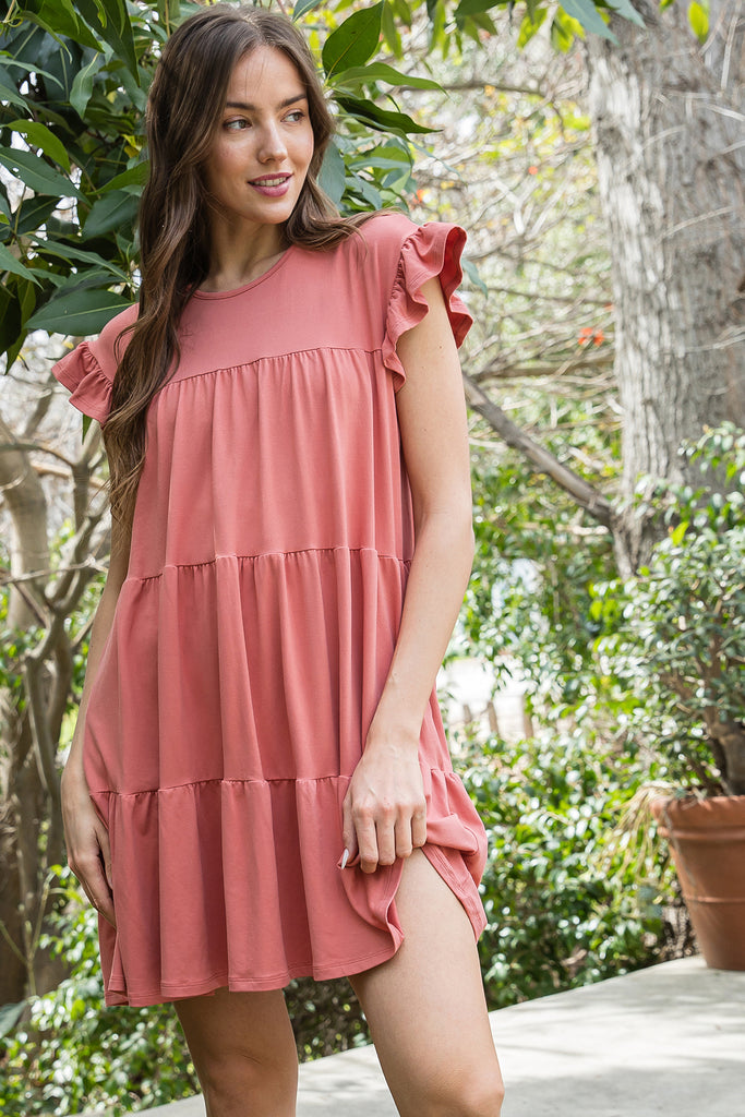 RUFFLE SLEEVE SIDE POCKET SOLID TIERED MINI DRESS