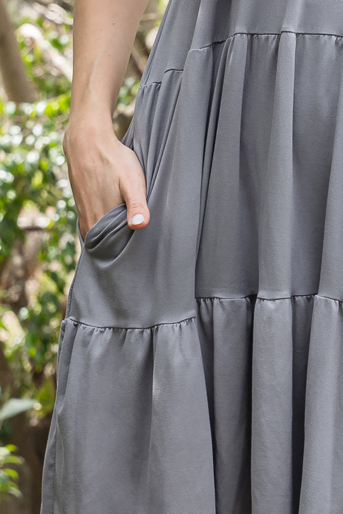 RUFFLE SLEEVE SIDE POCKET SOLID TIERED MINI DRESS