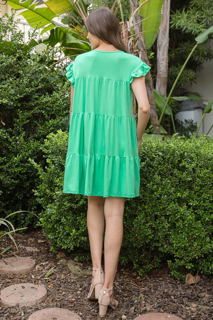 RUFFLE SLEEVE SIDE POCKET SOLID TIERED MINI DRESS