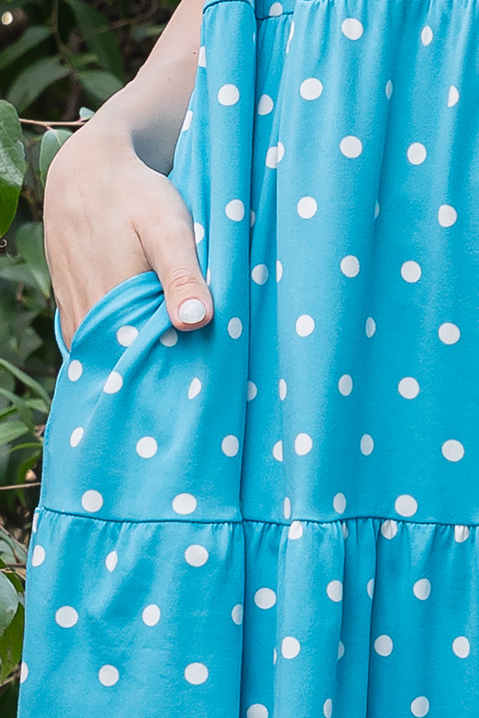 RUFFLE SLEEVE SIDE POCKET POLKA DOTS TIERED MINI DRESS