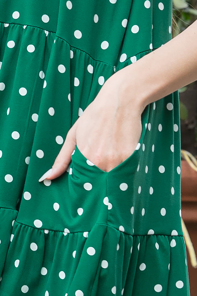 RUFFLE SLEEVE SIDE POCKET POLKA DOTS TIERED MINI DRESS