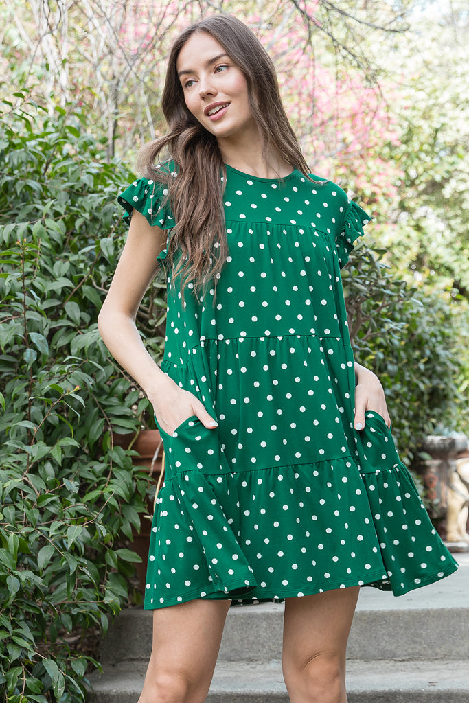 RUFFLE SLEEVE SIDE POCKET POLKA DOTS TIERED MINI DRESS