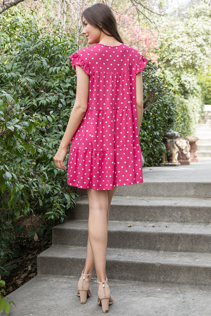 RUFFLE SLEEVE SIDE POCKET POLKA DOTS TIERED MINI DRESS