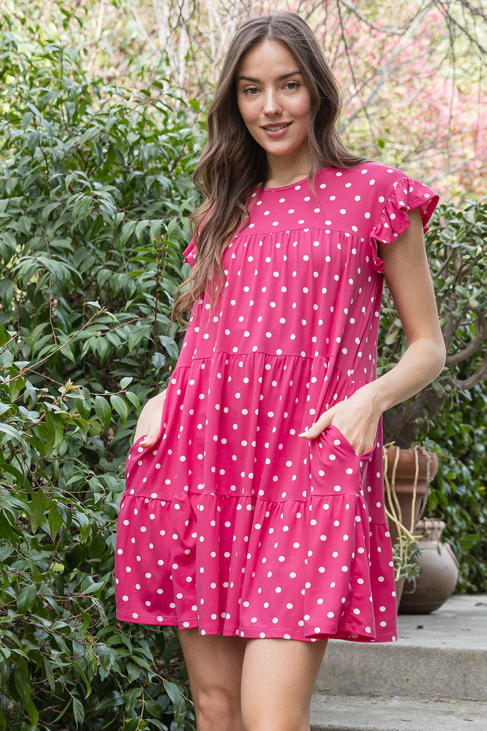 RUFFLE SLEEVE SIDE POCKET POLKA DOTS TIERED MINI DRESS