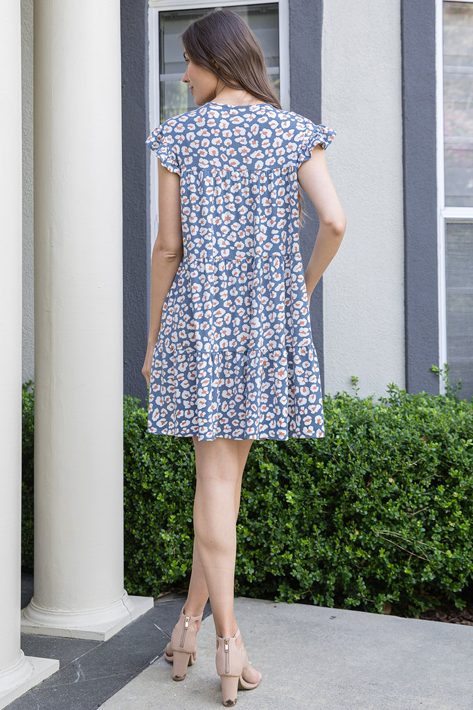 RUFFLE SLEEVE SIDE POCKET PRINTED TIERED MINI DRESS