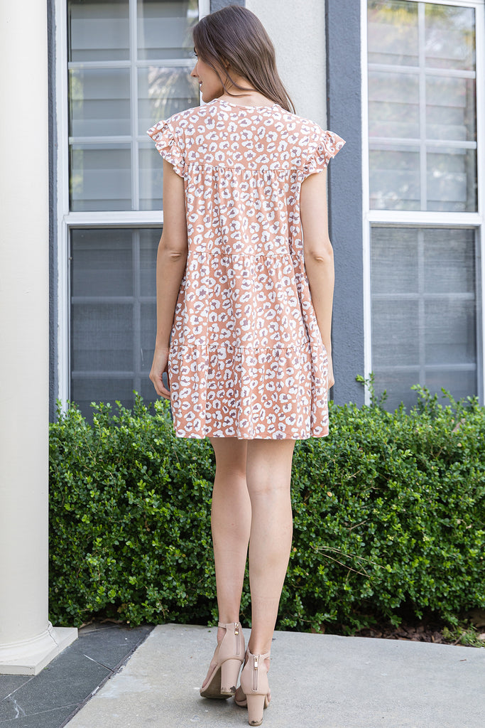 RUFFLE SLEEVE SIDE POCKET PRINTED TIERED MINI DRESS