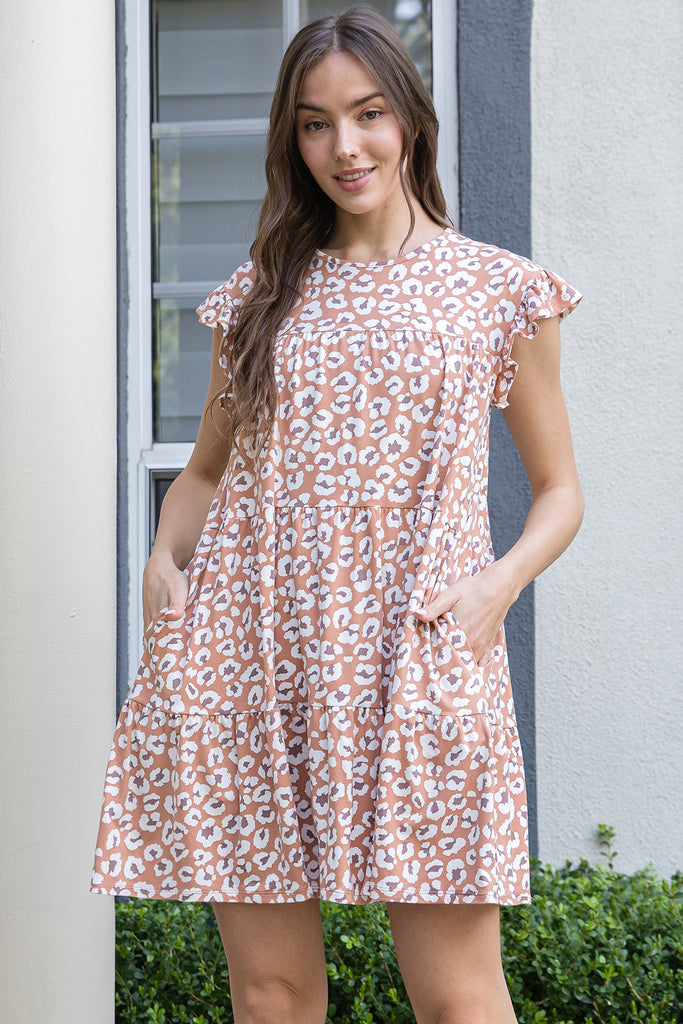 RUFFLE SLEEVE SIDE POCKET PRINTED TIERED MINI DRESS
