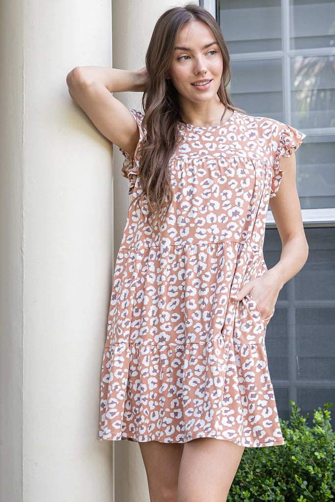 RUFFLE SLEEVE SIDE POCKET PRINTED TIERED MINI DRESS