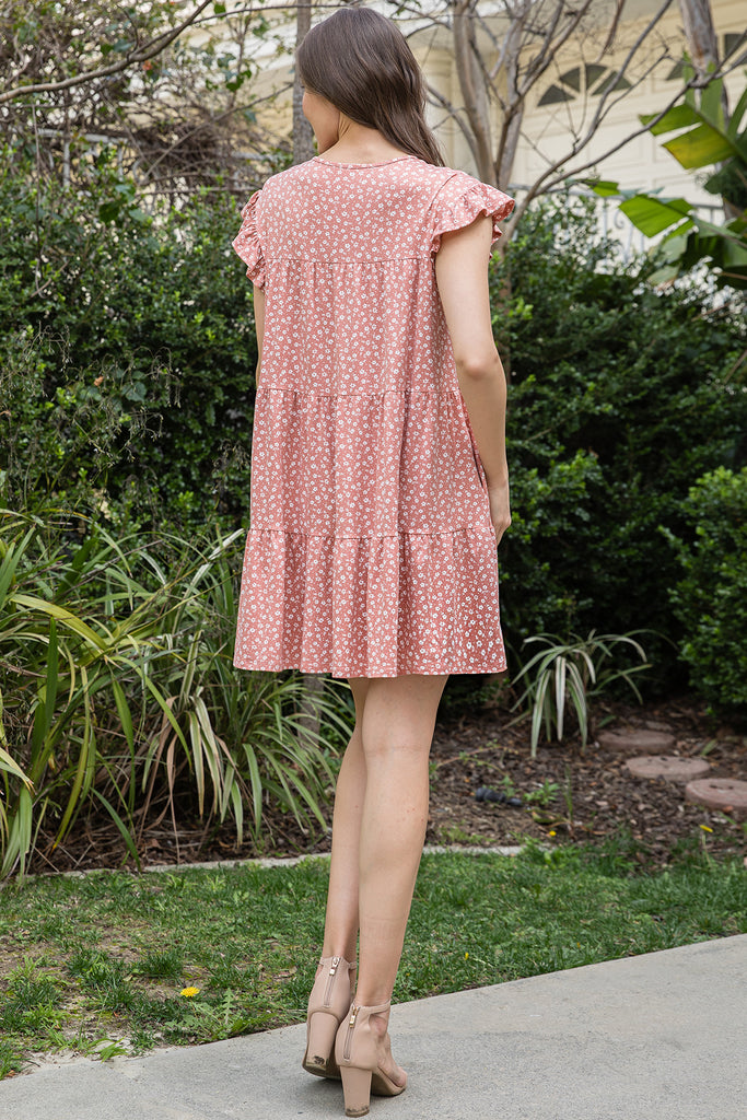 RUFFLE SLEEVE SIDE POCKET DITSY FLORAL TIERED MINI DRESS