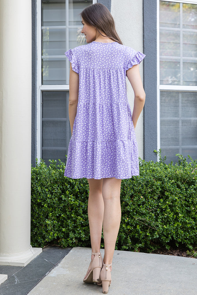 RUFFLE SLEEVE SIDE POCKET DITSY FLORAL TIERED MINI DRESS