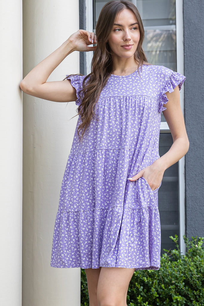 RUFFLE SLEEVE SIDE POCKET DITSY FLORAL TIERED MINI DRESS