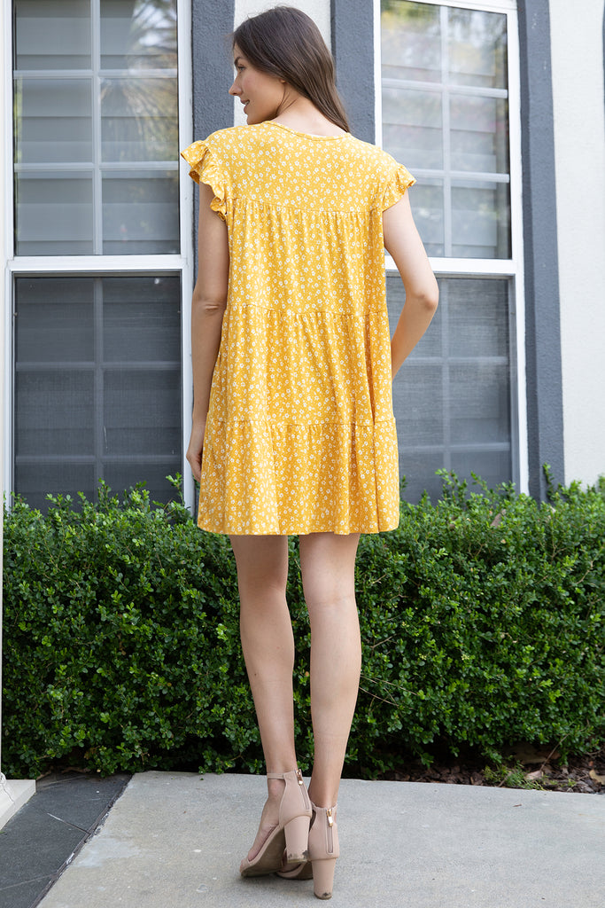 RUFFLE SLEEVE SIDE POCKET DITSY FLORAL TIERED MINI DRESS