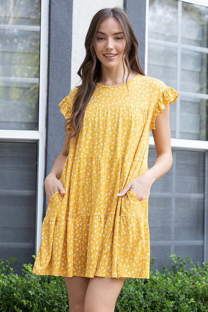 RUFFLE SLEEVE SIDE POCKET DITSY FLORAL TIERED MINI DRESS