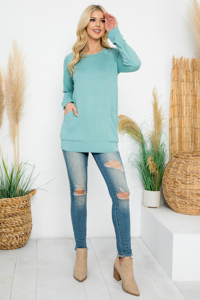 Solid Long Sleeve Front Pocket Top