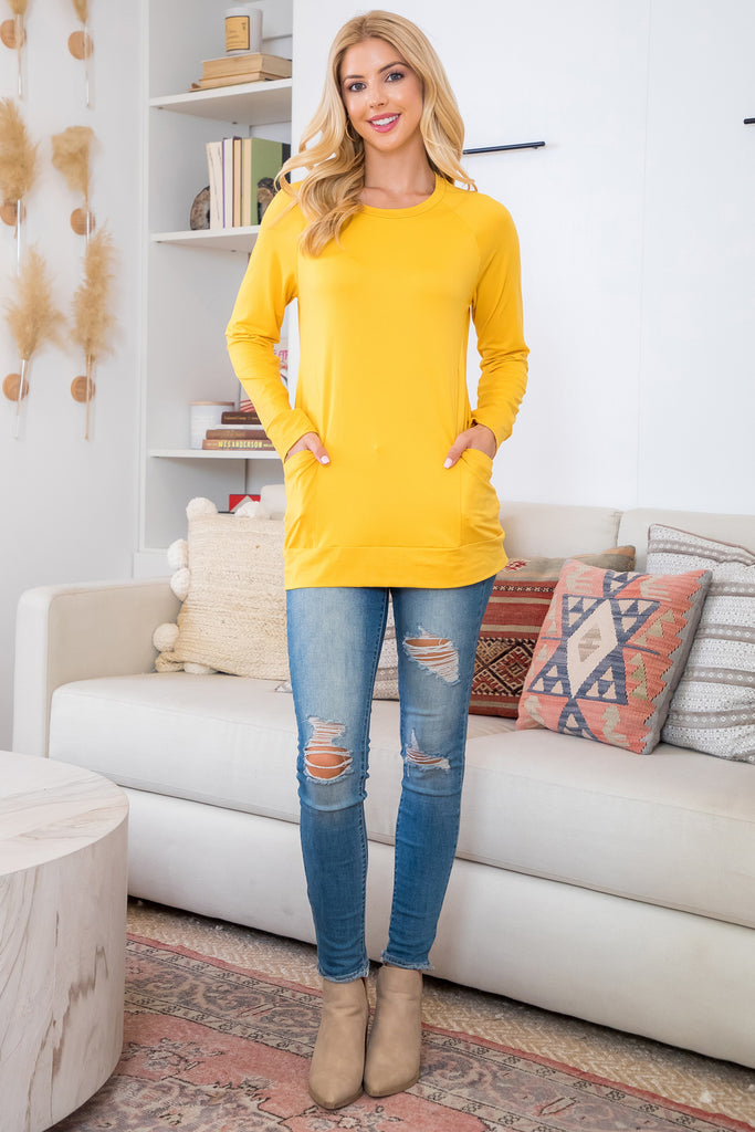 Solid Long Sleeve Front Pocket Top