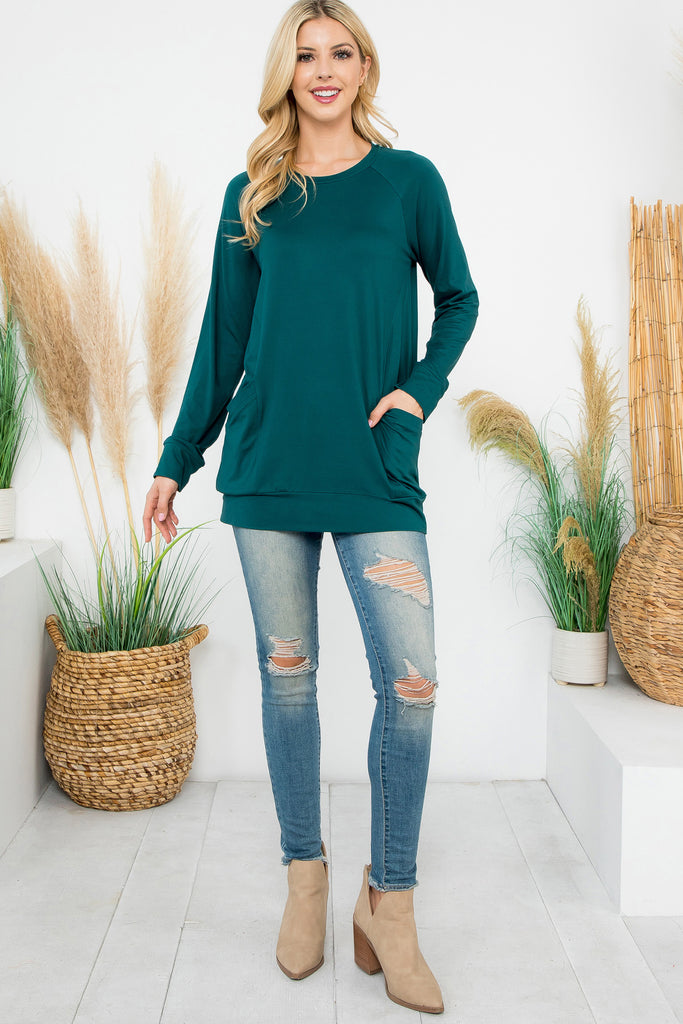 Solid Long Sleeve Front Pocket Top