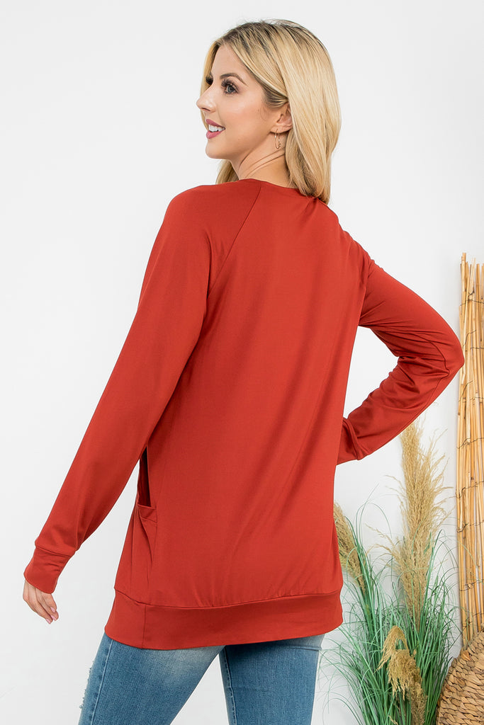 Solid Long Sleeve Front Pocket Top