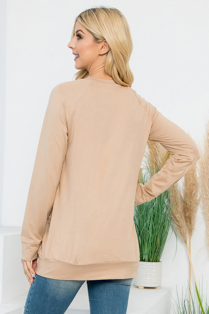 Solid Long Sleeve Front Pocket Top