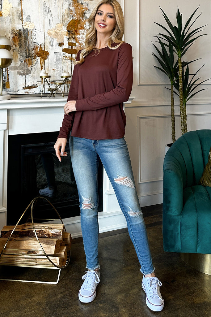 Solid Round Neck Long Sleeve Top