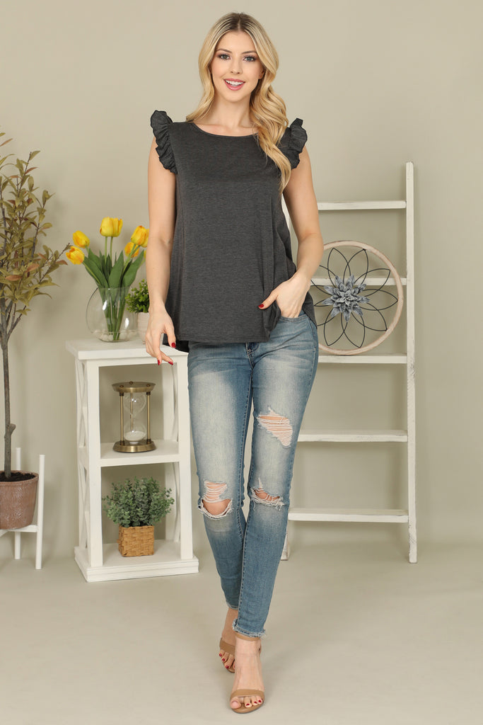 Solid Ruffle Sleeve Top - Riah Fashion