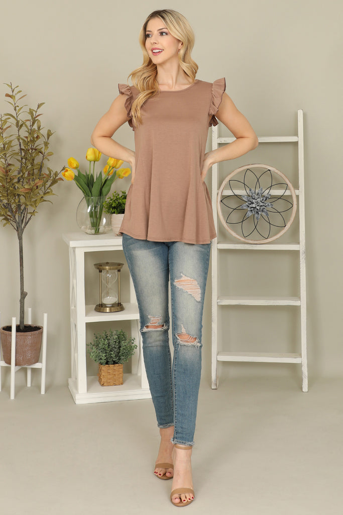 Solid Ruffle Sleeve Top - Riah Fashion