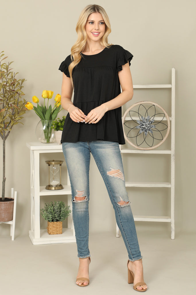 Solid Ruffle Sleeve Tiered Top