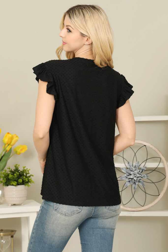 Solid Swiss Dot Ruffle Sleeve Tiered Top - Riah Fashion