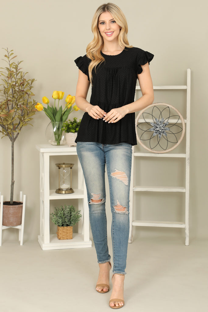 Solid Swiss Dot Ruffle Sleeve Tiered Top - Riah Fashion