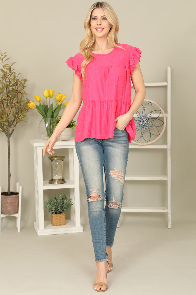 Solid Swiss Dot Ruffle Sleeve Tiered Top - Riah Fashion