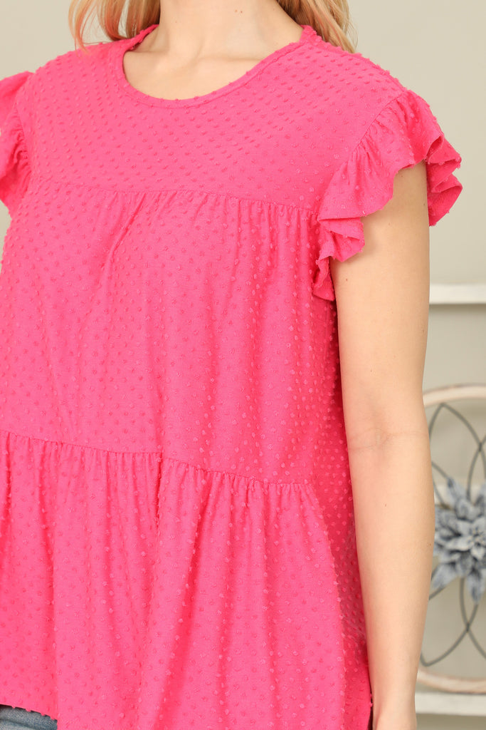 Solid Swiss Dot Ruffle Sleeve Tiered Top - Riah Fashion