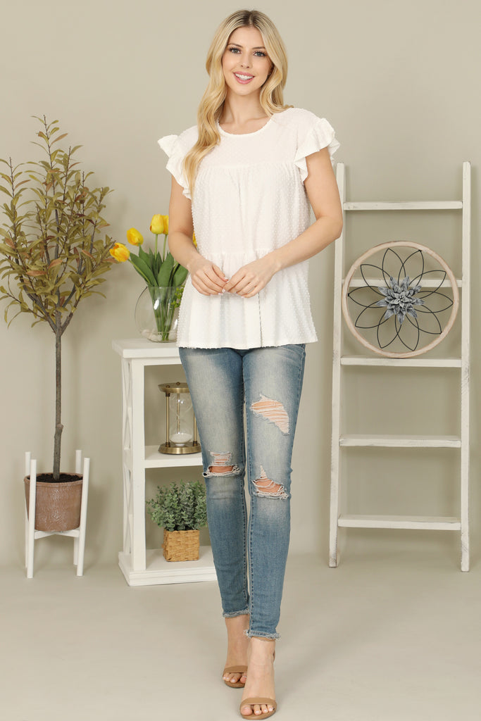 Solid Swiss Dot Ruffle Sleeve Tiered Top - Riah Fashion