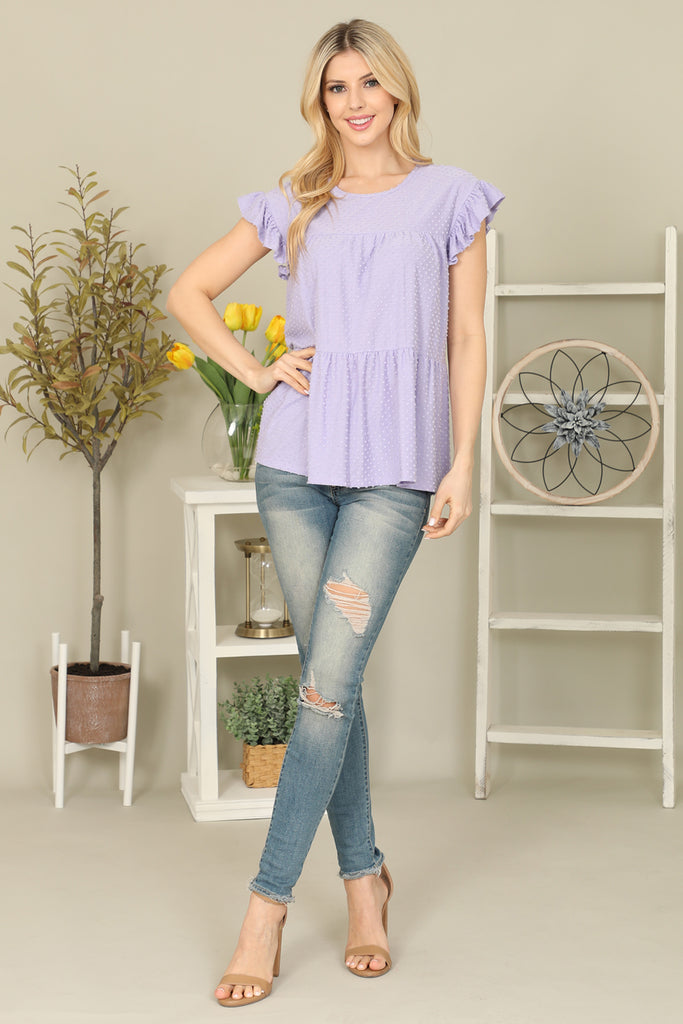 Solid Swiss Dot Ruffle Sleeve Tiered Top - Riah Fashion