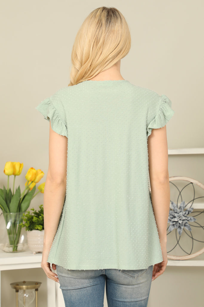 Solid Swiss Dot Ruffle Sleeve Tiered Top - Riah Fashion