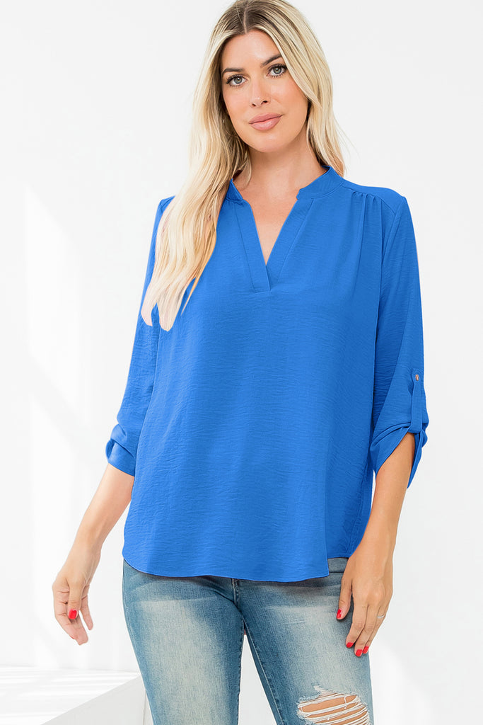 Notch Neckline 3/4 Folded Sleeve Solid Top